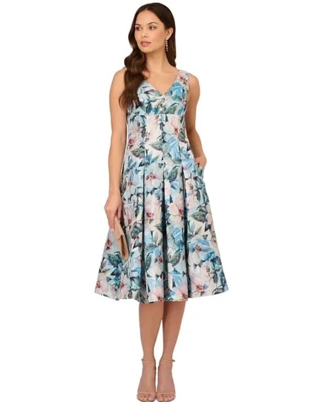ADRIANNA PAPELLL blue metallic shimmer Floral Jacquard a line pockets midi dress